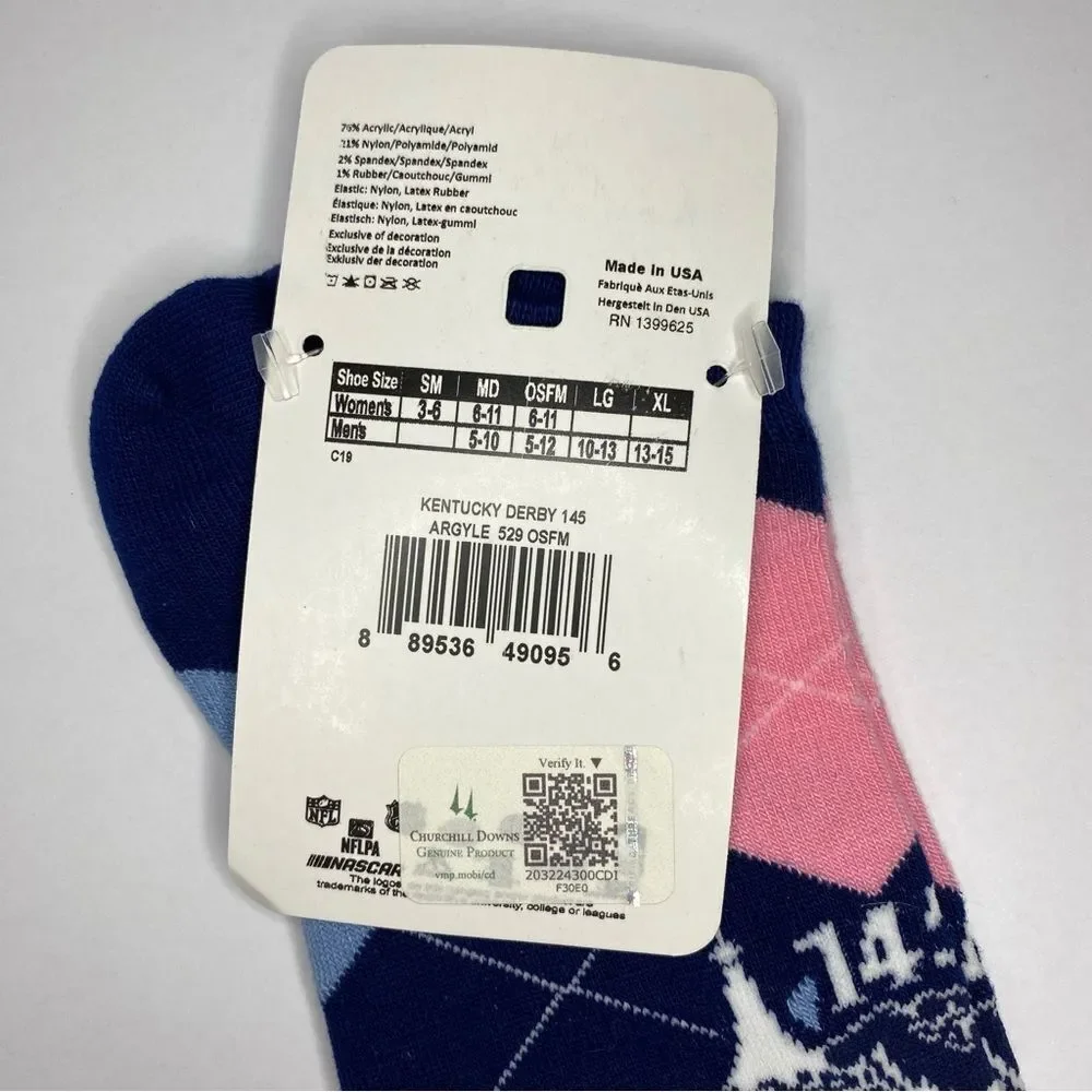 For Bare Feet Socks Kentucky Derby 145 6-11 White Pink Dot Band Blue Pink Argyle